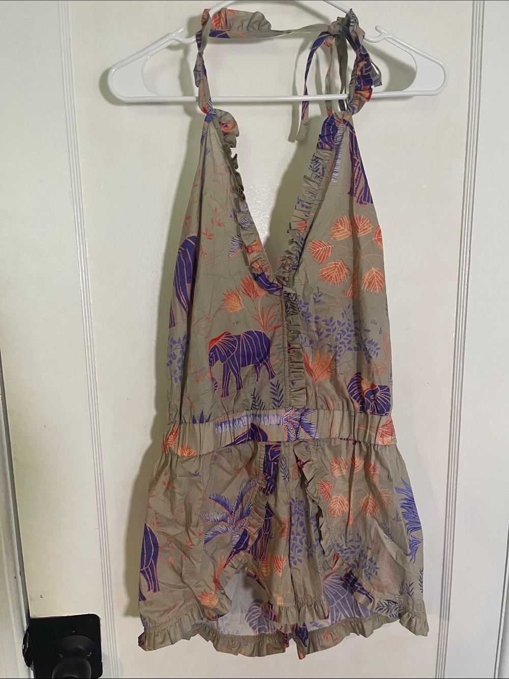 Elephant Print Halter Romper in Taupe with Purple & Coral Accents